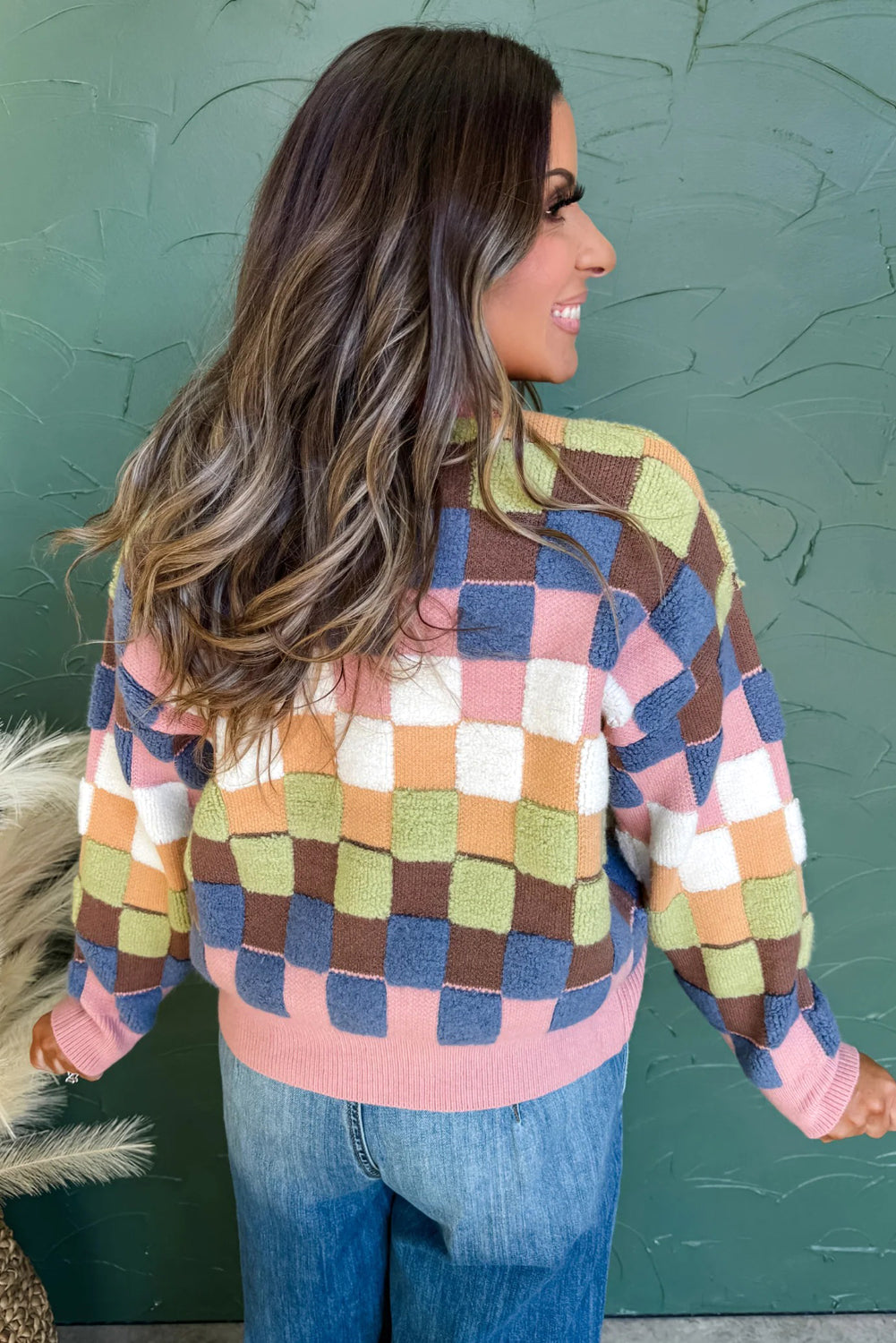 Multicolour Plush Checkered Pattern Button Front Cardigan Sweater Cardigans JT's Designer Fashion