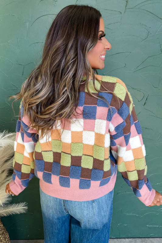 Multicolour Plush Checkered Pattern Button Front Cardigan Sweater Cardigans JT's Designer Fashion