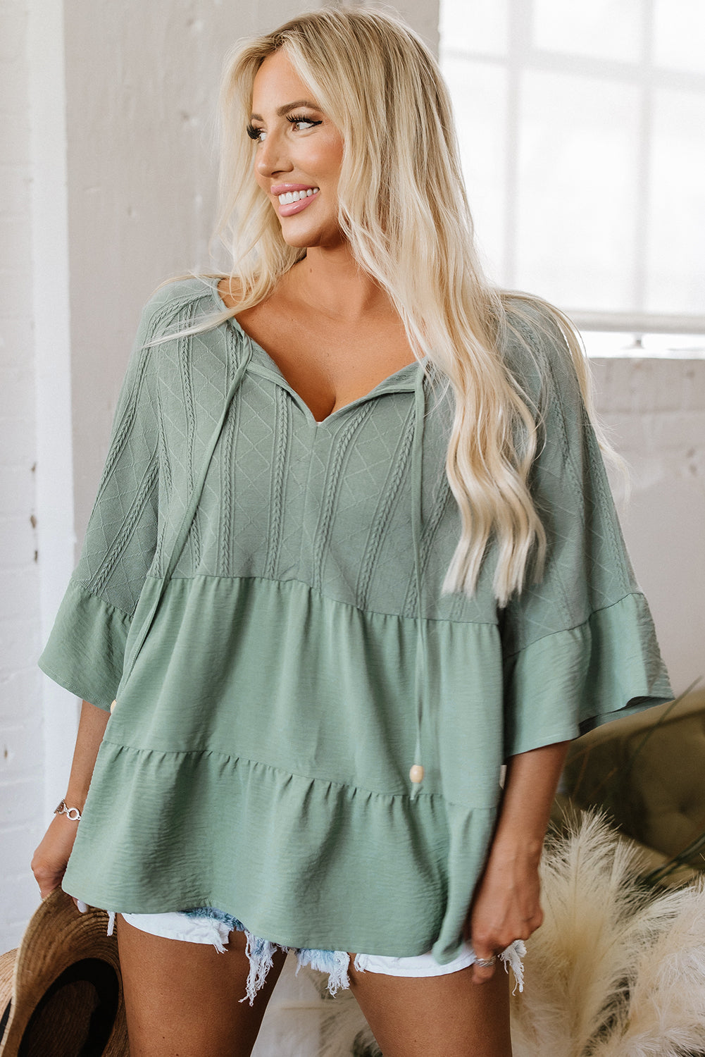 Laurel Green Tie Split Neck Textured Ruffle Patchwork Blouse Blouses & Shirts JT's Designer Fashion