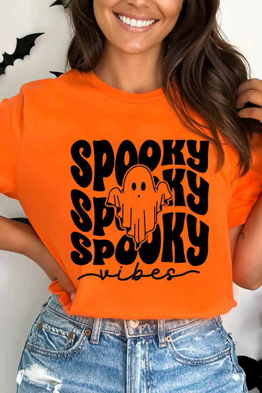 Orange SPOOKY Vibe Ghost Print Crewneck Halloween T Shirt Graphic Tees JT's Designer Fashion