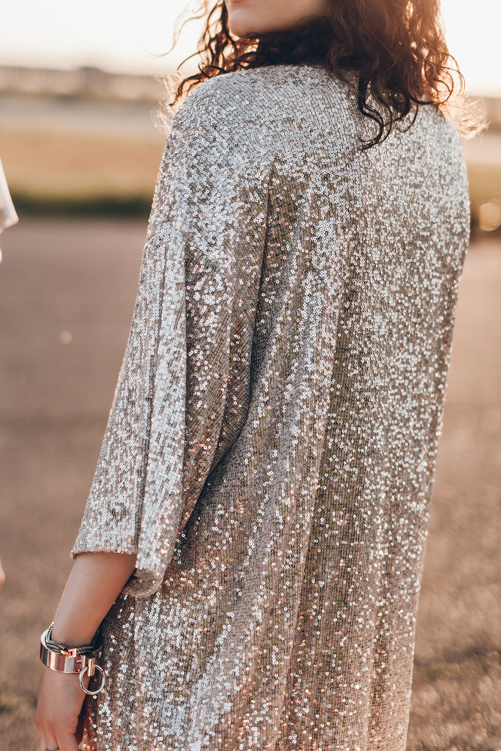 Apricot Sequin 3/4 Sleeve Open Front Duster Kimono Kimonos JT's Designer Fashion