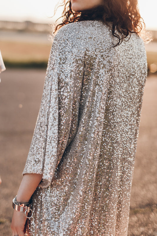 Apricot Sequin 3/4 Sleeve Open Front Duster Kimono Kimonos JT's Designer Fashion