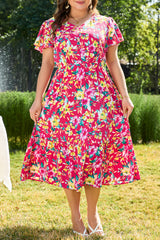 Pink Floral Print V Neck Pocketed High Waist Plus Size Midi Dress Plus Size Midi Dresses JT's Designer Fashion