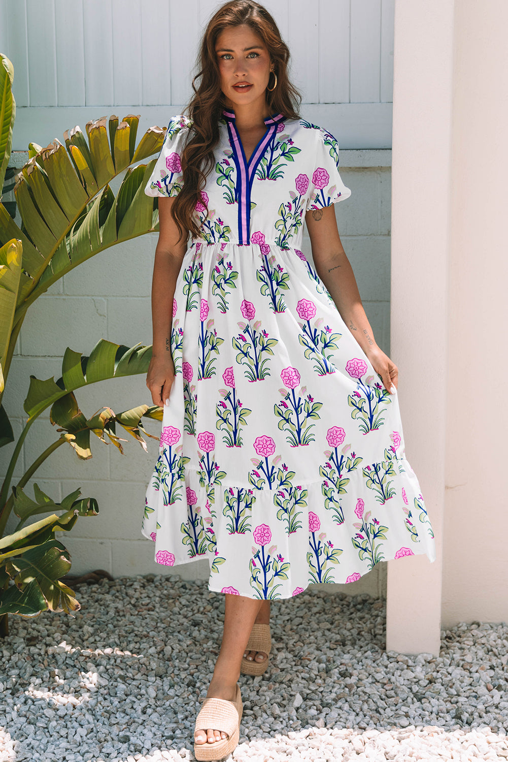 White Floral Puff Short Sleeve V Neck High Waist Maxi Dress White 100%Polyester Floral Dresses JT's Designer Fashion