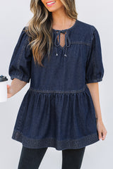 Sail Blue Puff Sleeve Lace-up Neckline Splicing Denim Blouse Blouses & Shirts JT's Designer Fashion