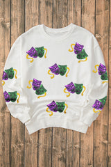 White Sequined Mardi Gras Mask Pattern Drop Shoulder Sweatshirt Graphic Sweatshirts JT's Designer Fashion