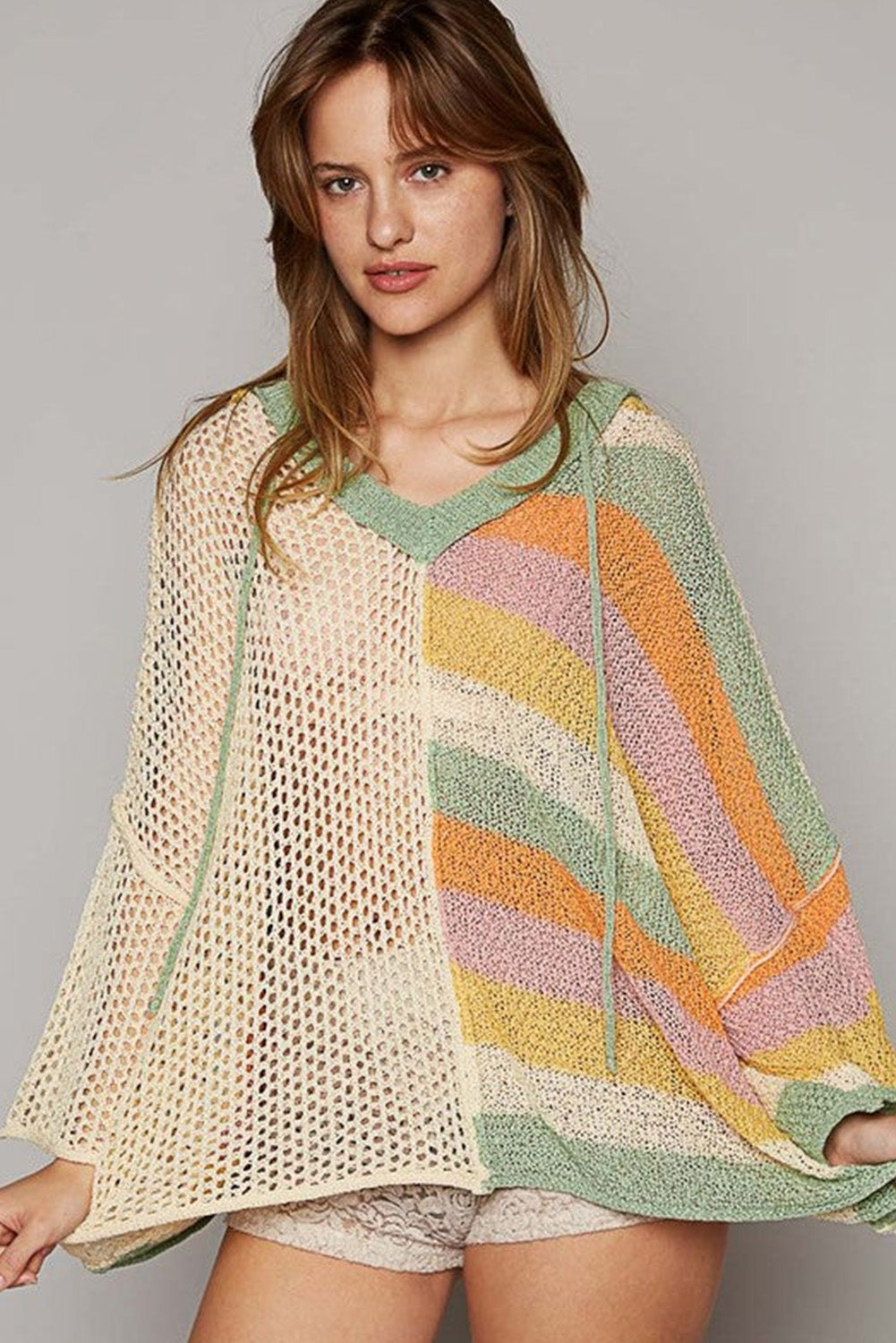 Beige Oversized Colorblock V Neck Hooded Sweater Sweaters & Cardigans JT's Designer Fashion