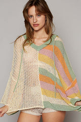 Beige Oversized Colorblock V Neck Hooded Sweater Sweaters & Cardigans JT's Designer Fashion