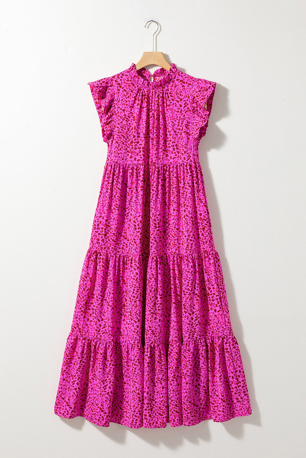 Rose Red Leopard Print Ruffled Trim Tiered Long Dress Maxi Dresses JT's Designer Fashion