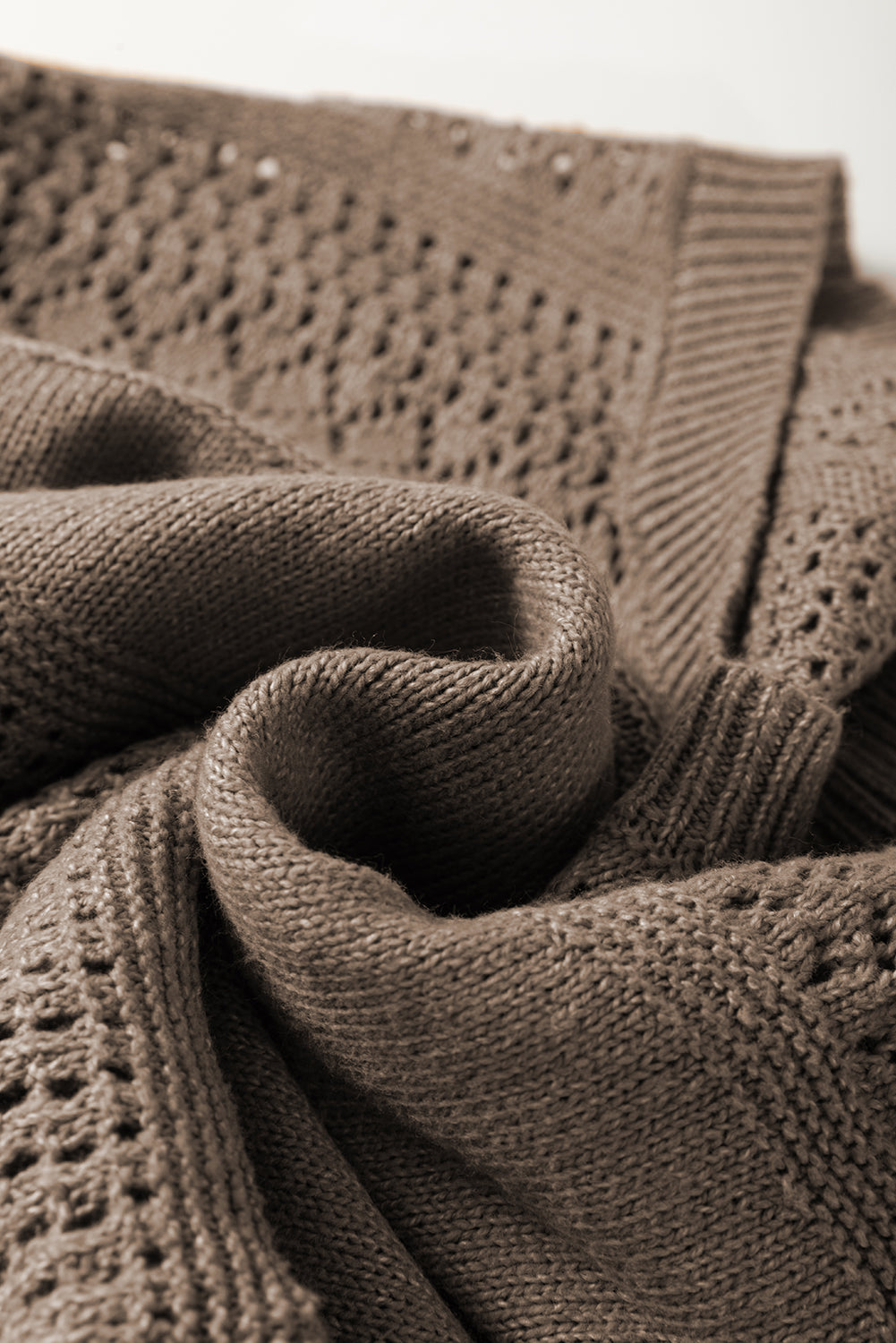 Camel Eyelet Pattern Detail V Neck Drop Shoulder Sweater Sweaters JT's Designer Fashion