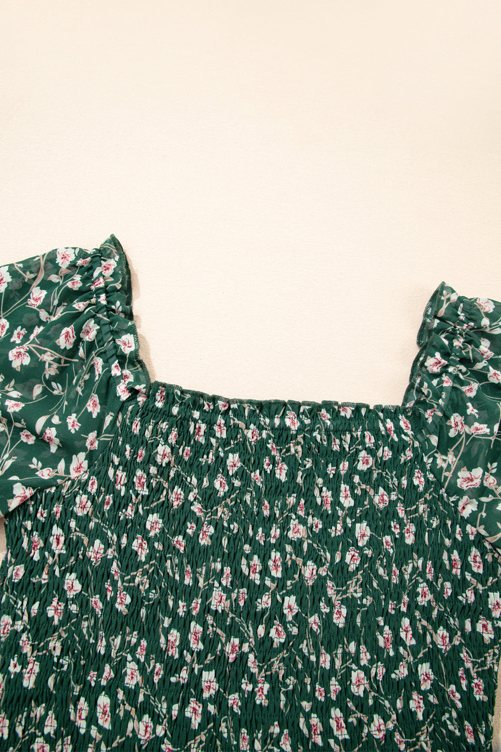Green Smocked Square Neck Puff Short Sleeve Floral Dress Floral Dresses JT's Designer Fashion