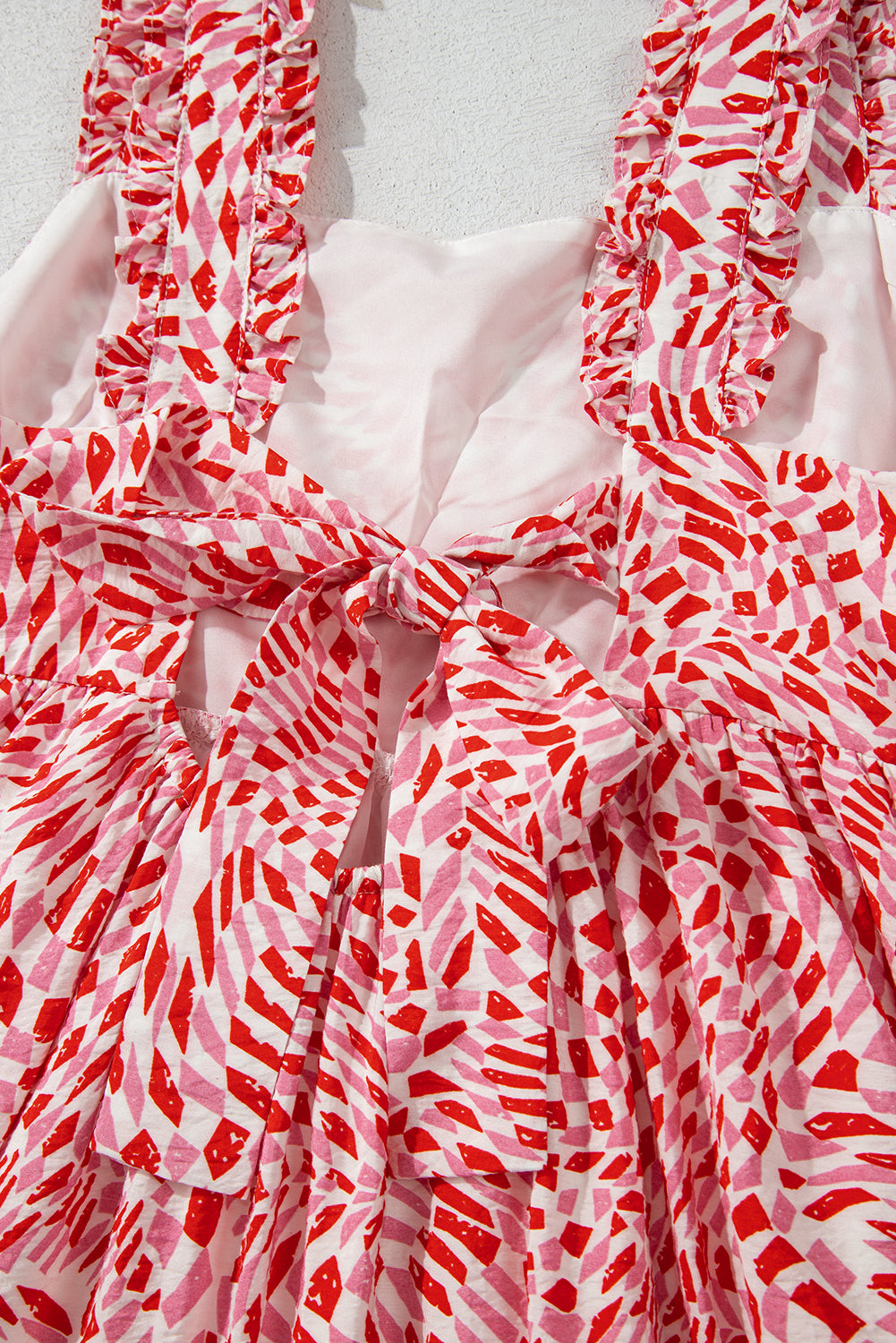 Pink Geometric Print Knot Back Sleeveless Ruffle Hem Dress Midi Dresses JT's Designer Fashion