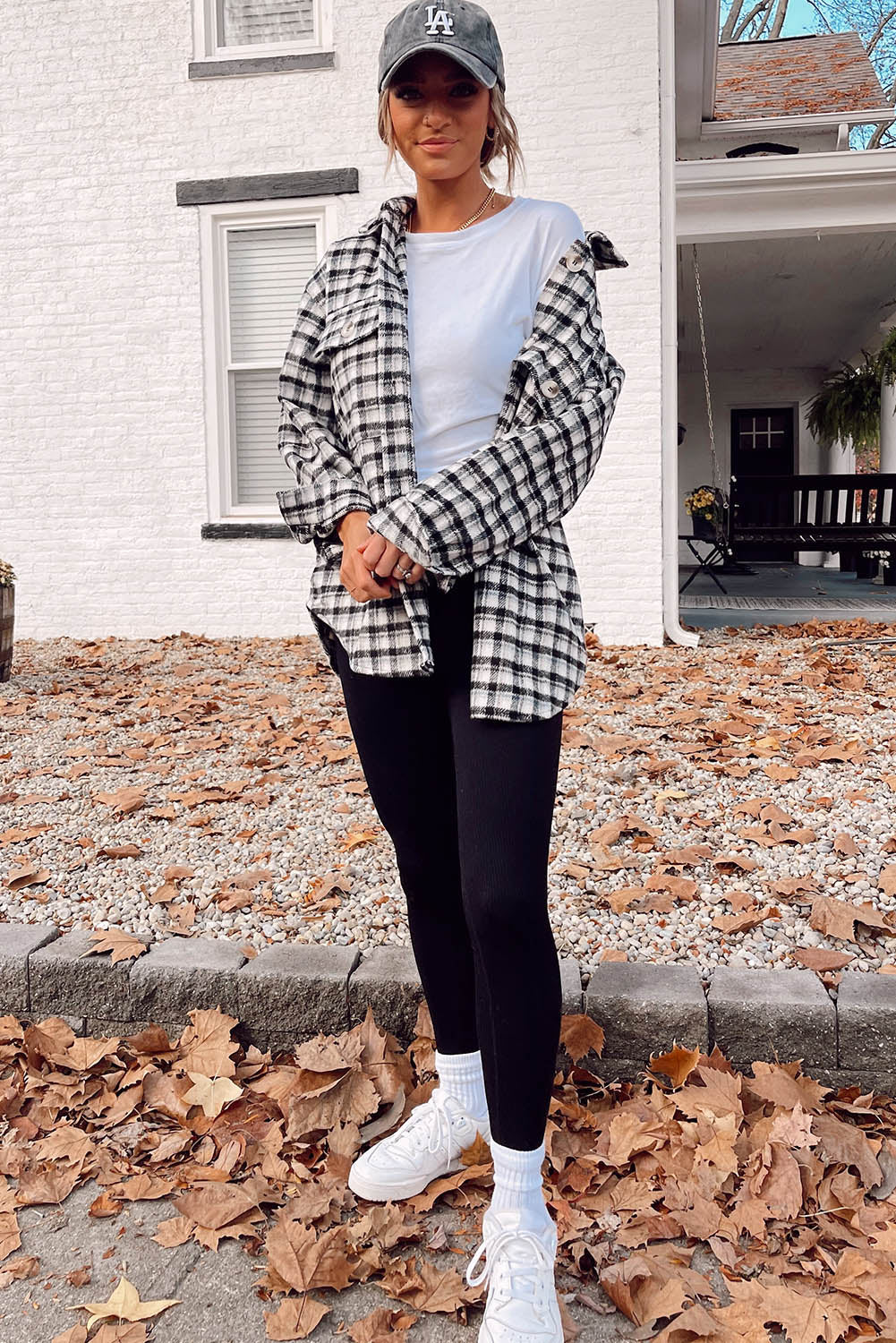Black Plaid Print Chest Pockets Buttoned Tunic Shacket Plaid Shackets JT's Designer Fashion
