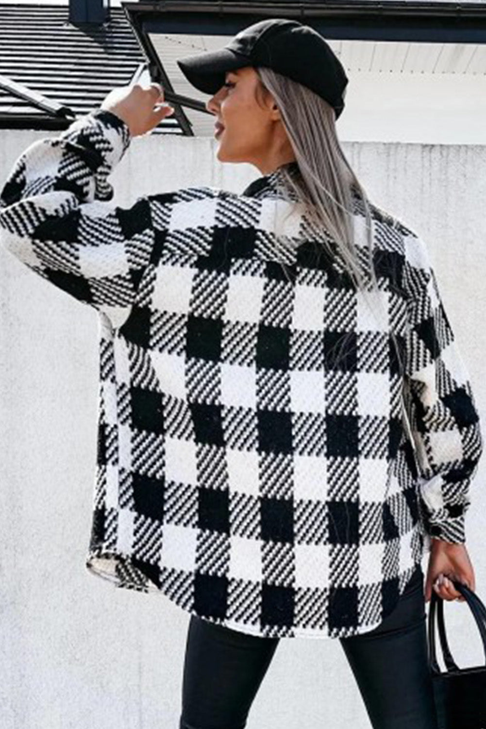 Black Plaid Textured Flap Pocket Shacket Plaid Shackets JT's Designer Fashion