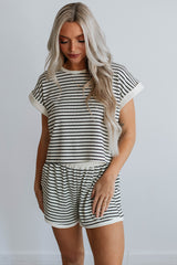 White Stripe Contrast Edge Tee and Shorts Set Short Sets JT's Designer Fashion
