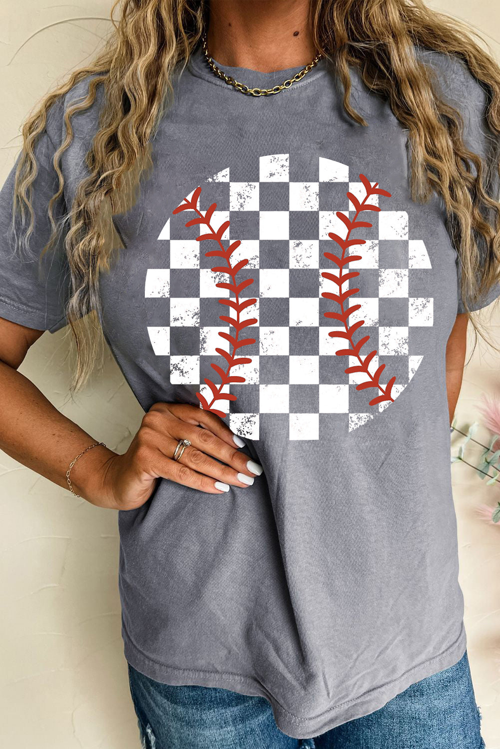 Gray Vintage Checkered Baseball Graphic Tee Graphic Tees JT's Designer Fashion
