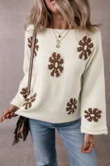 White Colorblock Floral Pattern Round Neck Sweater Sweaters JT's Designer Fashion