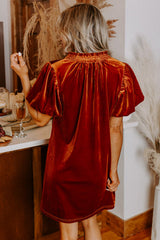 Cinnamon Velvet Smocked Neckline Puff Sleeve Shift Mini Dress Mini Dresses JT's Designer Fashion