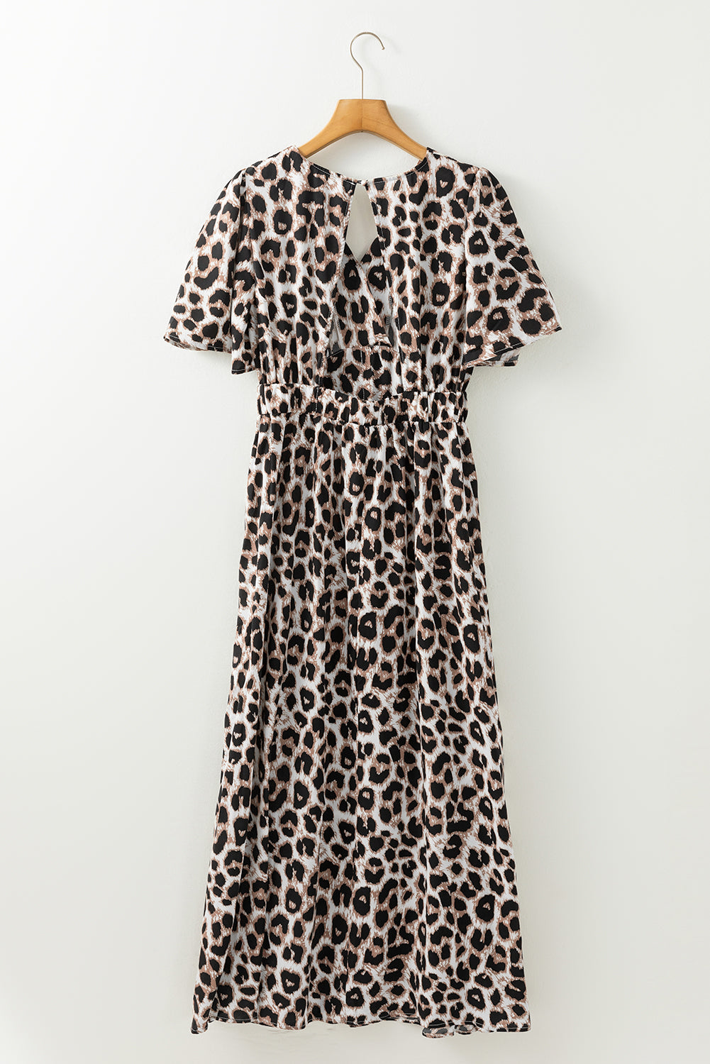 Khaki Leopard V Neck Cinched High Waist Open Back Long Dress Maxi Dresses JT's Designer Fashion