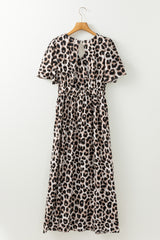 Khaki Leopard V Neck Cinched High Waist Open Back Long Dress Maxi Dresses JT's Designer Fashion