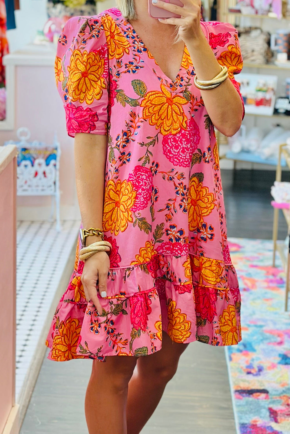 Pink Floral Bubble Sleeve V Neck Ruffled Mini Dress Pink 100%Cotton Floral Dresses JT's Designer Fashion