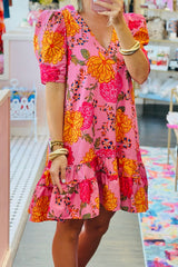 Pink Floral Bubble Sleeve V Neck Ruffled Mini Dress Pink 100%Cotton Floral Dresses JT's Designer Fashion