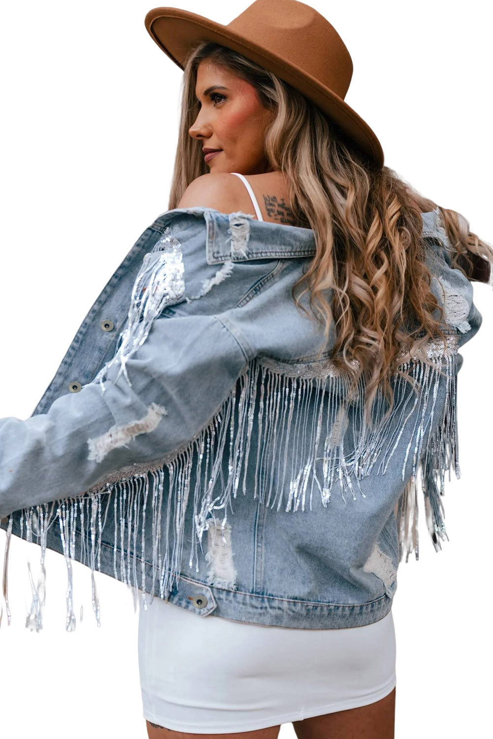 Sky Blue Sequin Embellished Fringe Distressed Denim Jacket Denim Jackets JT's Designer Fashion
