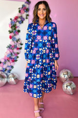 Blue Floral Peasant Sleeve Tiered Ruffle Midi Dress Midi Dresses JT's Designer Fashion