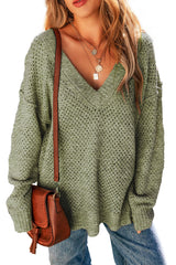 Jungle Green Loose Eyelet V Neck Drop Shoulder Sweater Sweaters JT's Designer Fashion
