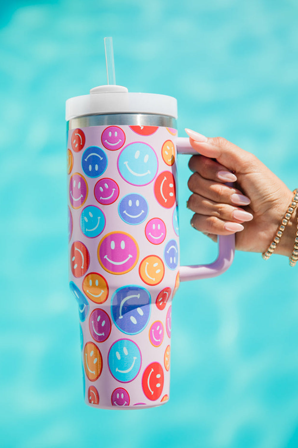 Fiery Red Rainbow Smiley Face Pattern Tumbler with Straw 40oz Tumblers JT's Designer Fashion