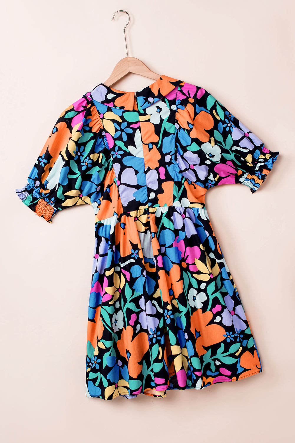 Blue Collared Split Neck Floral Flared Dress Floral Dresses JT's Designer Fashion