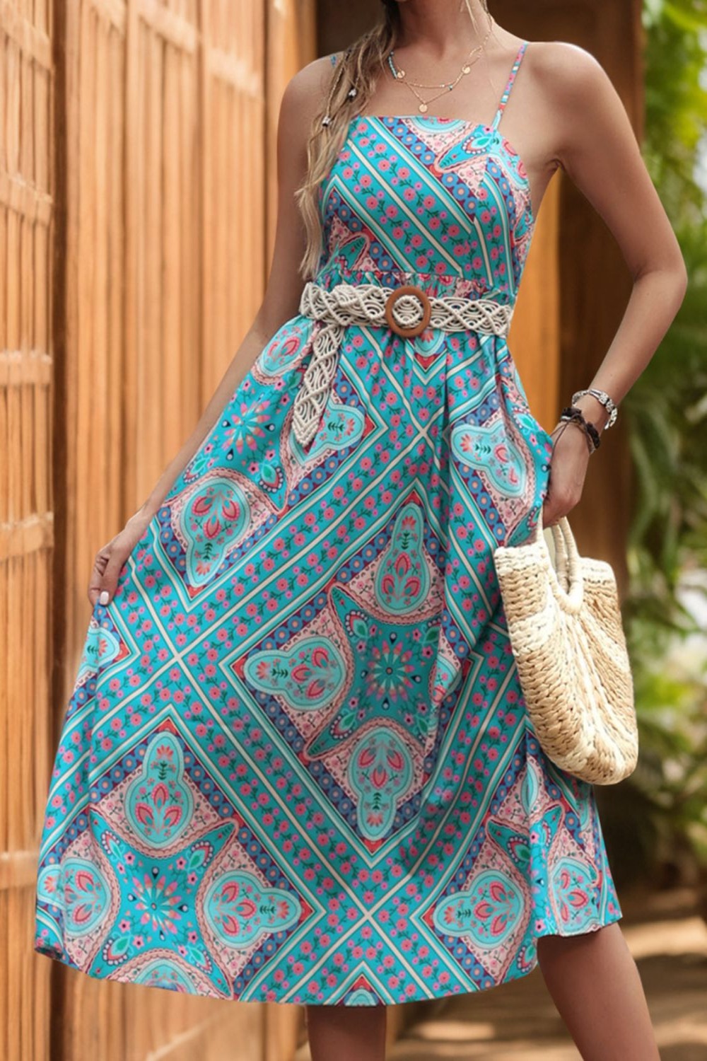 Printed Spaghetti Strap Midi Dress Teal Midi Dresses JT's Designer Fashion