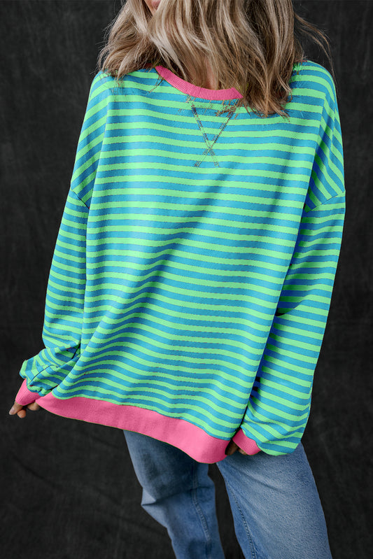 Sky Blue Stripe Oversized Contrast Trim Pullover Sweatshirt Sweatshirts & Hoodies JT's Designer Fashion