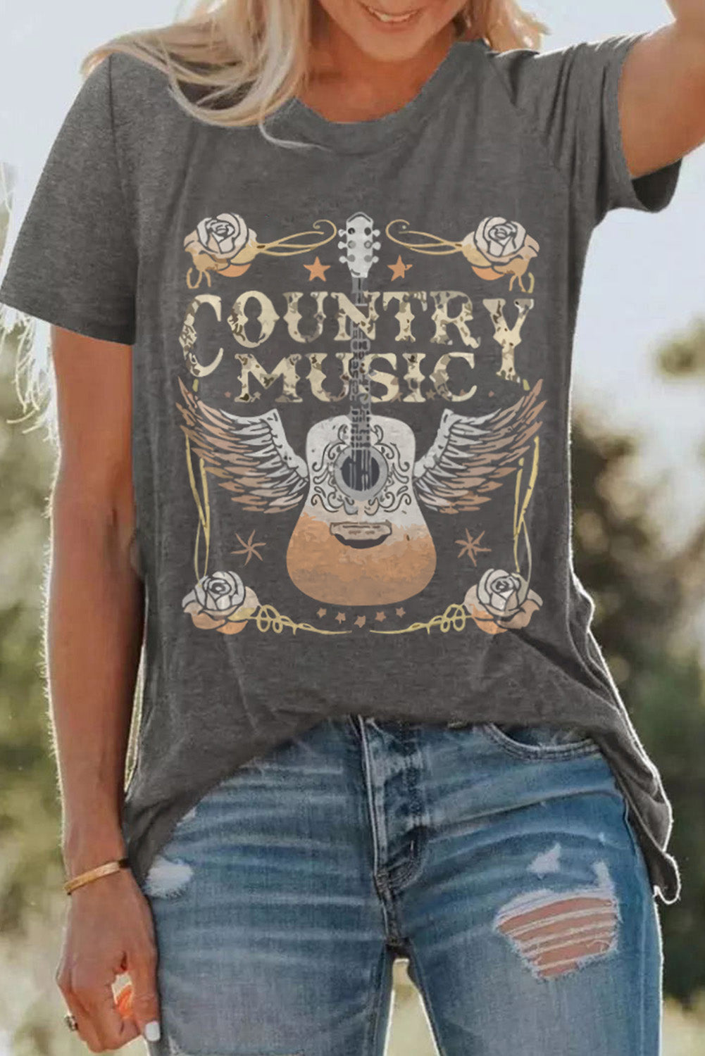 Gray COUNTRY MUSIC Guitar Graphic Print Crew Neck T Shirt Graphic Tees JT's Designer Fashion