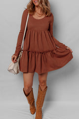 Straw Yellow Ribbed Frilled Trim High Waist Long Sleeve Mini Dress Mini Dresses JT's Designer Fashion