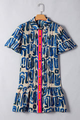 Beige Abstract Print Bubble Sleeve Button up Mini Dress Mini Dresses JT's Designer Fashion