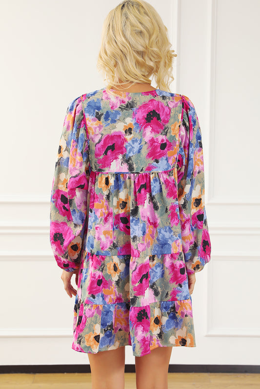 Multicolour Floral Tie Neck Bubble Sleeve Shift Dress Floral Dresses JT's Designer Fashion