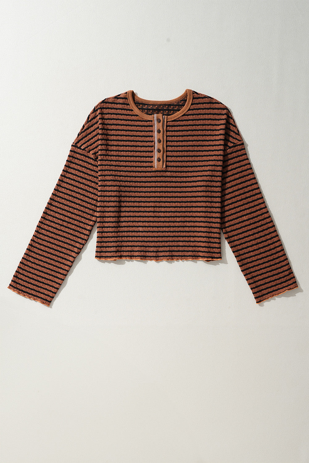 Brown Stripe Textured Frilly Trim Buttons Henley Long Sleeve Top Long Sleeve Tops JT's Designer Fashion