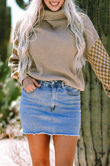 Smoke Gray Striped Plaid Patchwork Waffle Knit Turtleneck Sweater Sweaters JT's Designer Fashion