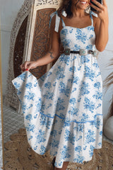 Sky Blue Floral Print Shirred Knot Shoulder Sleeveless Long Dress Floral Dresses JT's Designer Fashion