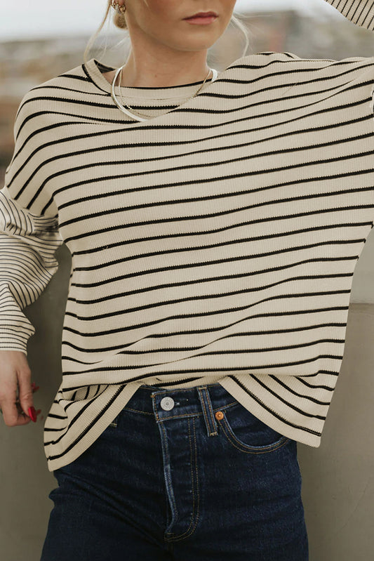 Black Striped Patchwork Loose Long Sleeve Tee Long Sleeve Tops JT's Designer Fashion