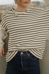 Black Striped Patchwork Loose Long Sleeve Tee Long Sleeve Tops JT's Designer Fashion