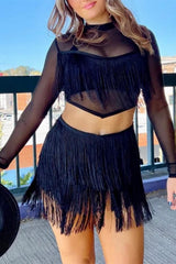 Black Tiered Fringe Trimmed Mini Skirt Skirts & Petticoat JT's Designer Fashion