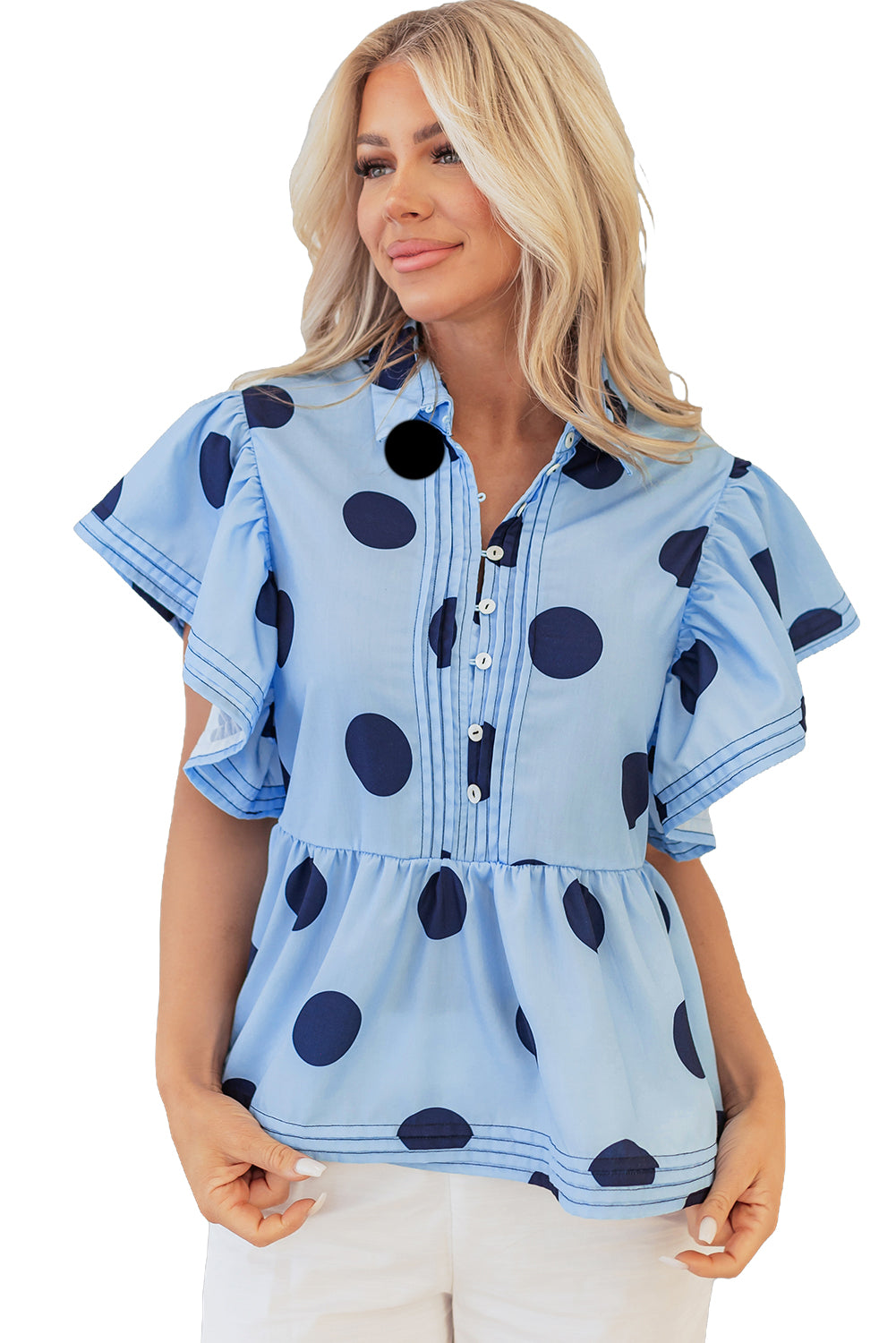 Sky Blue Polka Dot Print Ruffled Short Sleeve Buttoned Collared Blouse Blouses & Shirts JT's Designer Fashion