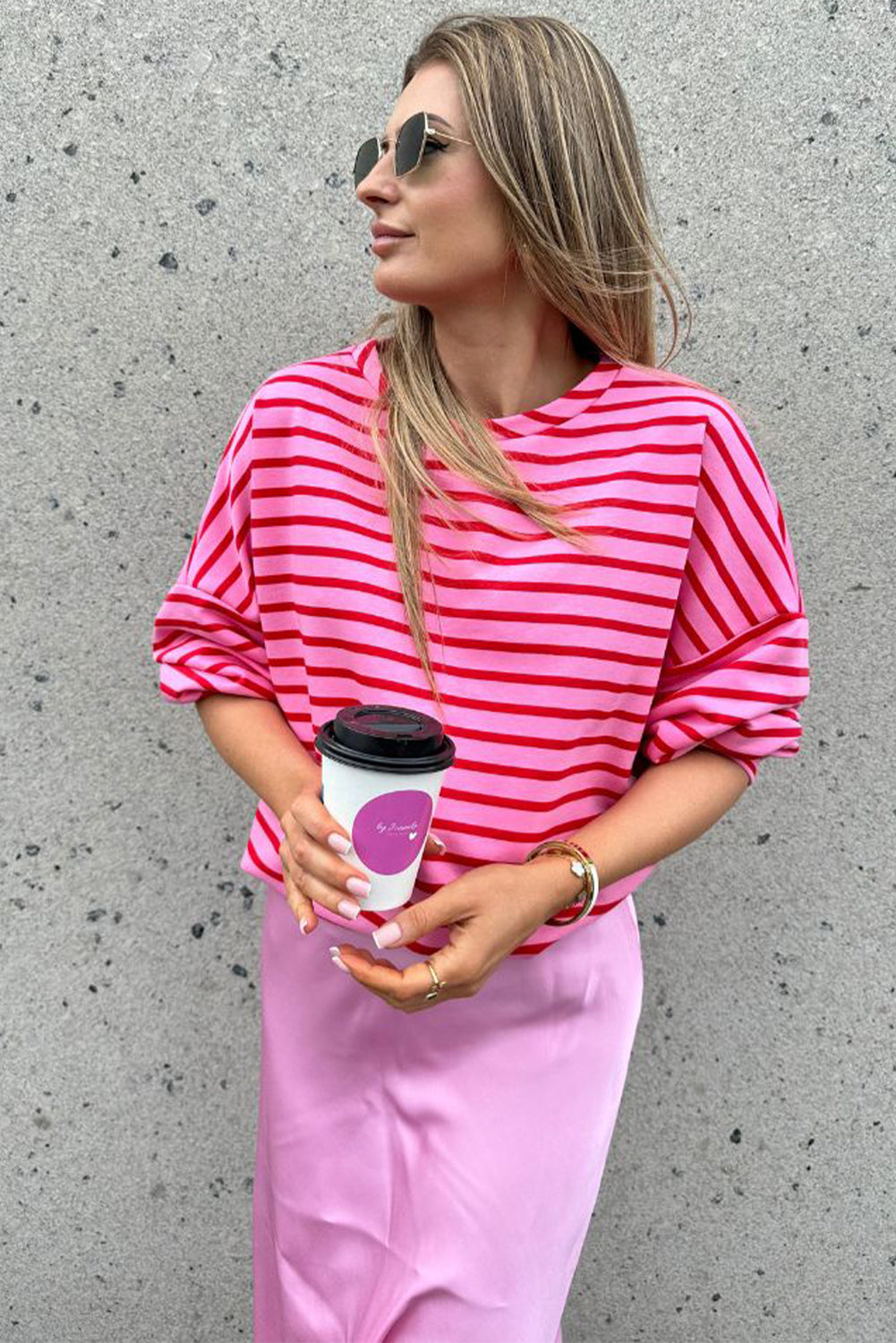 Sachet Pink Striped Print Crew Neck Drop Shoulder Sweatshirt Sweatshirts & Hoodies JT's Designer Fashion