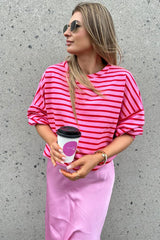 Sachet Pink Striped Print Crew Neck Drop Shoulder Sweatshirt Sweatshirts & Hoodies JT's Designer Fashion