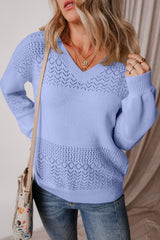 Sky Blue Eyelet Pattern Detail V Neck Drop Shoulder Sweater Sweaters JT's Designer Fashion