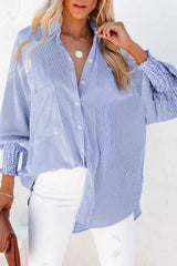 Blue Stripe Smocked Cuffed Striped Boyfriend Shirt with Pocket Blue Stripe 100%Polyester Blouses & Shirts JT's Designer Fashion