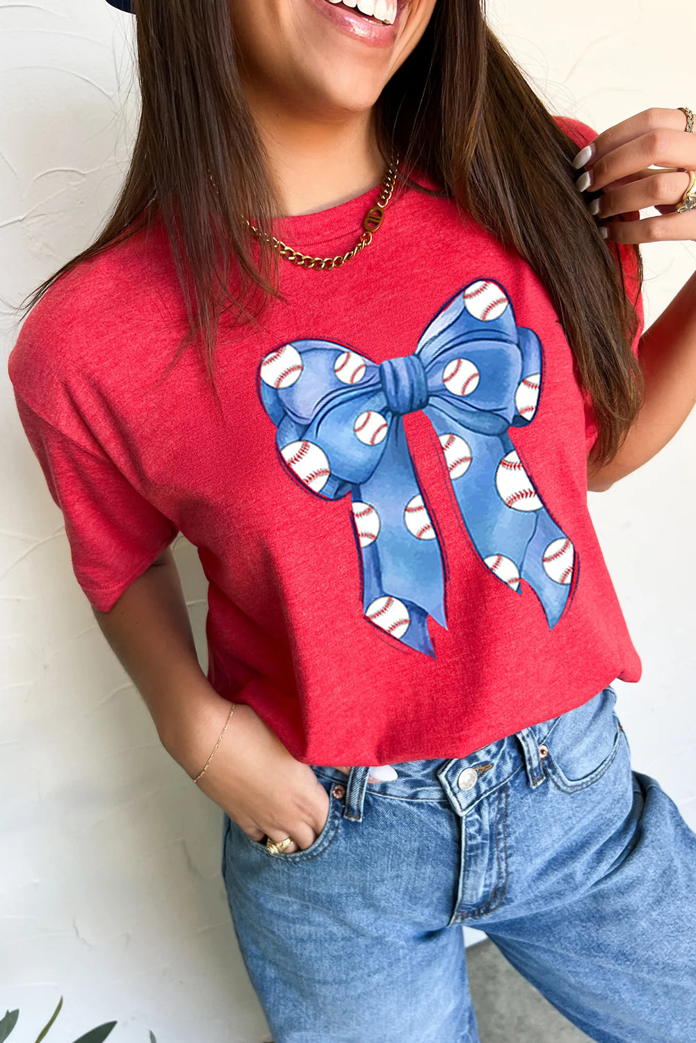 Red Rugby Bowknot Graphic Crew Neck Tee Graphic Tees JT's Designer Fashion
