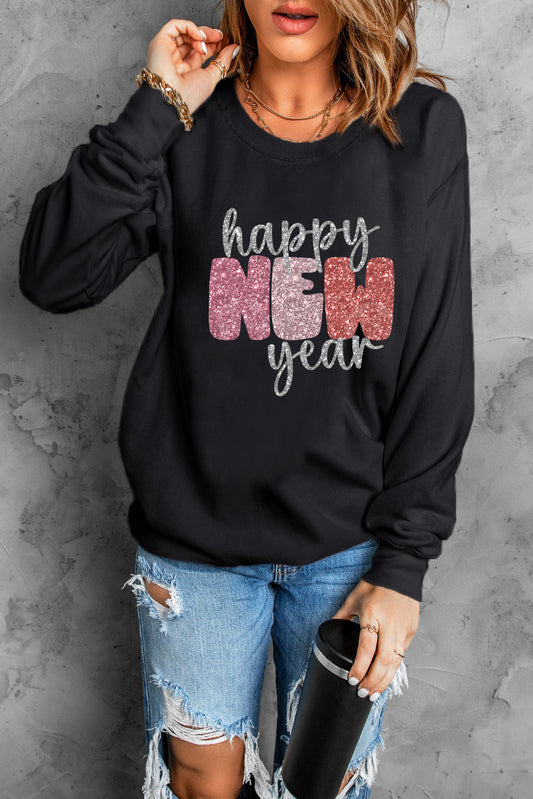 Black Glistening Happy New Year Graphic Sweatshirt Graphic Sweatshirts JT's Designer Fashion